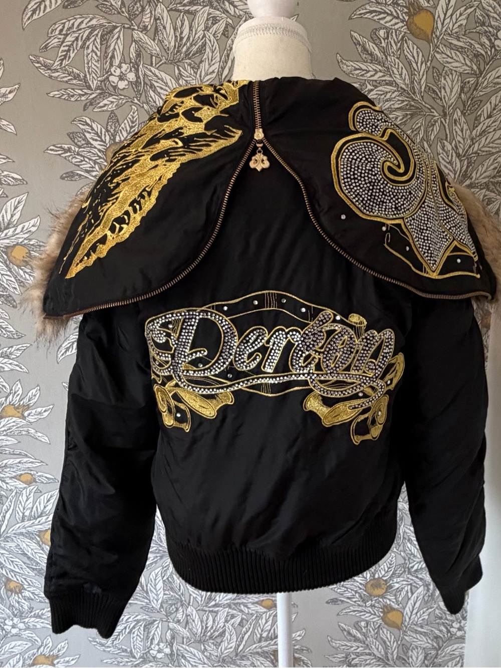 Y2K Dereon Large Bomber Jacket with Gold Embellishment Rhinestone Faux Fur Trim